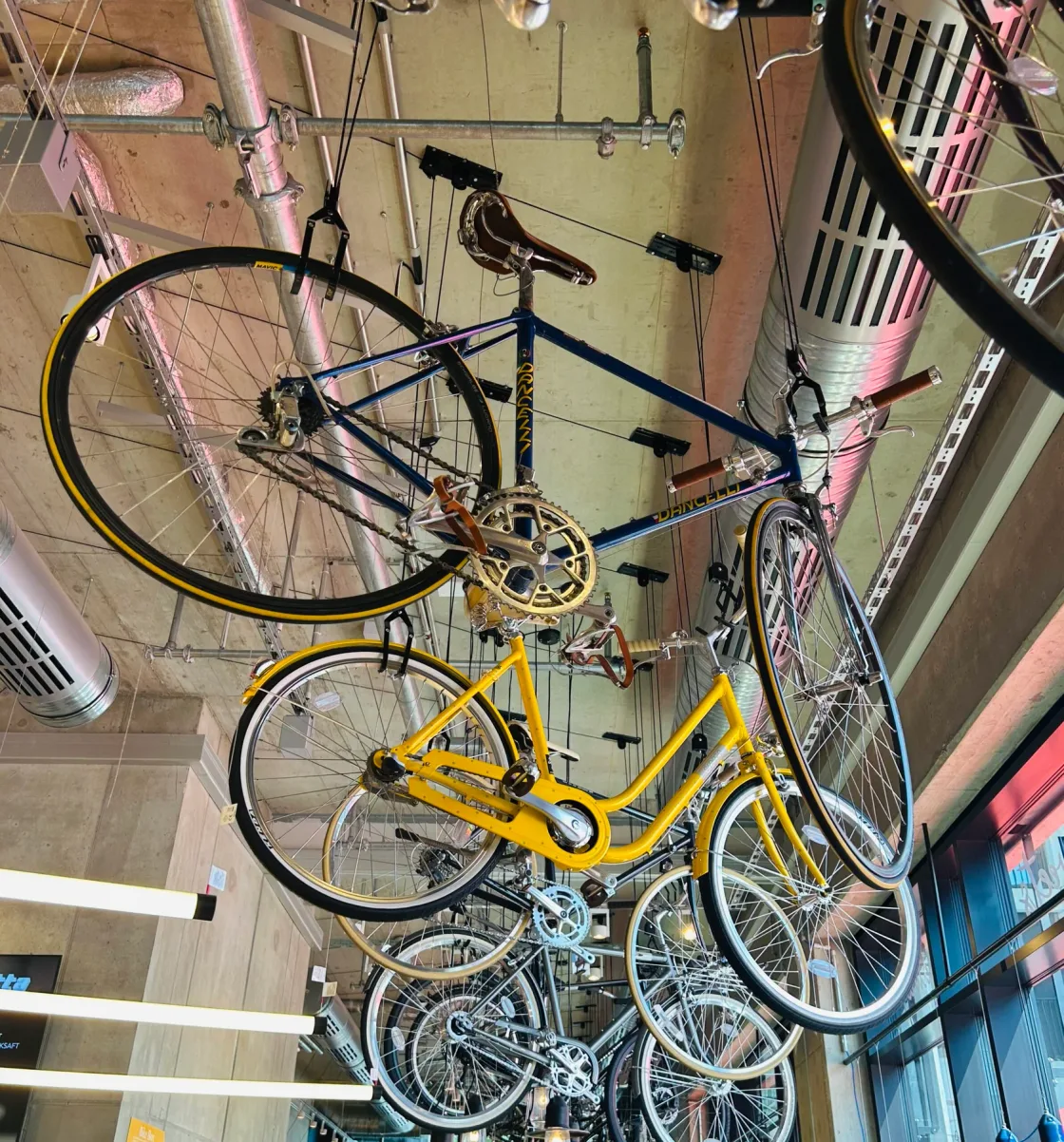 Bicycles suspended in a vertical display beside an indoor staircase.