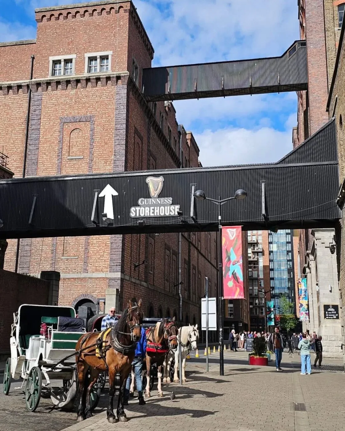 Horse-drawn carriages outside the Guinness Storehouse entrance during the Emerald Incentive programme.