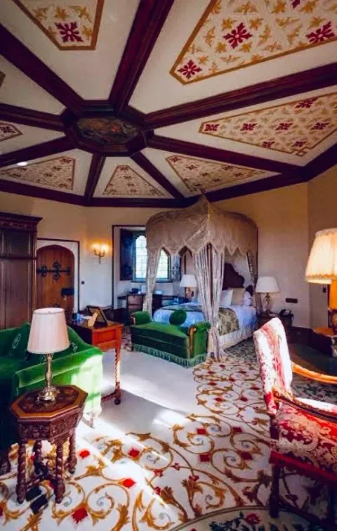 A colourful sitting room with patterned carpets and a decorated ceiling.