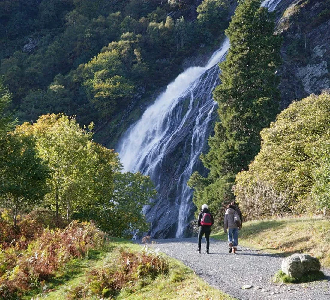 A waterfall cascading down a wooded hillside.