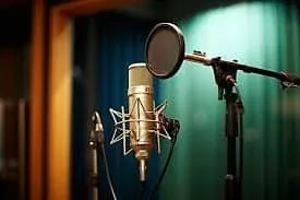 A studio microphone and pop filter in front of a green curtain.