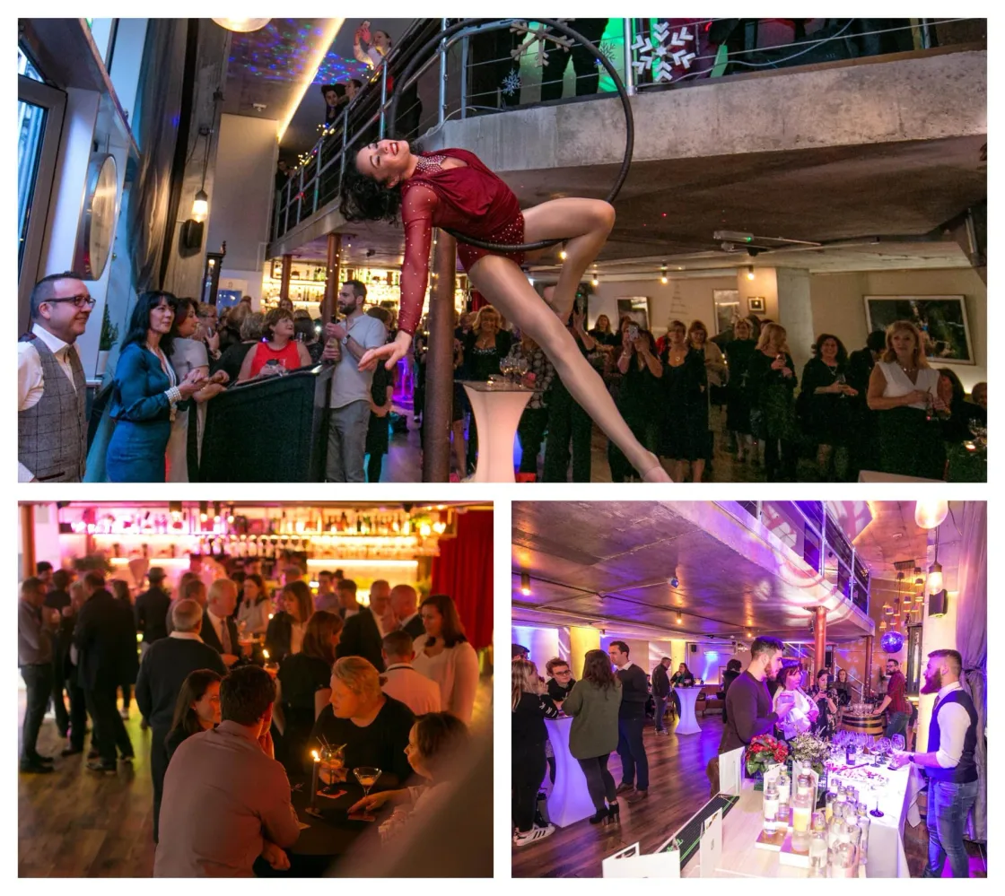 A collage showing a stilt performer, guests and a lively indoor party.