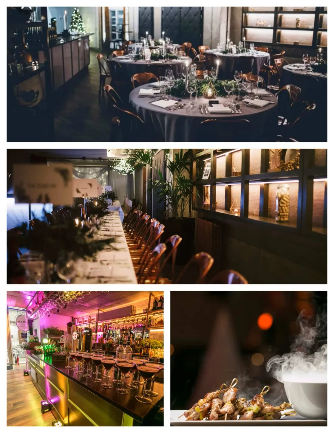 A collage of dinner tables, event lighting, a service counter and drinks.