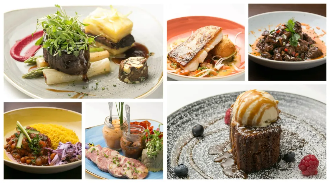 A collage of plated main courses, salads and desserts.