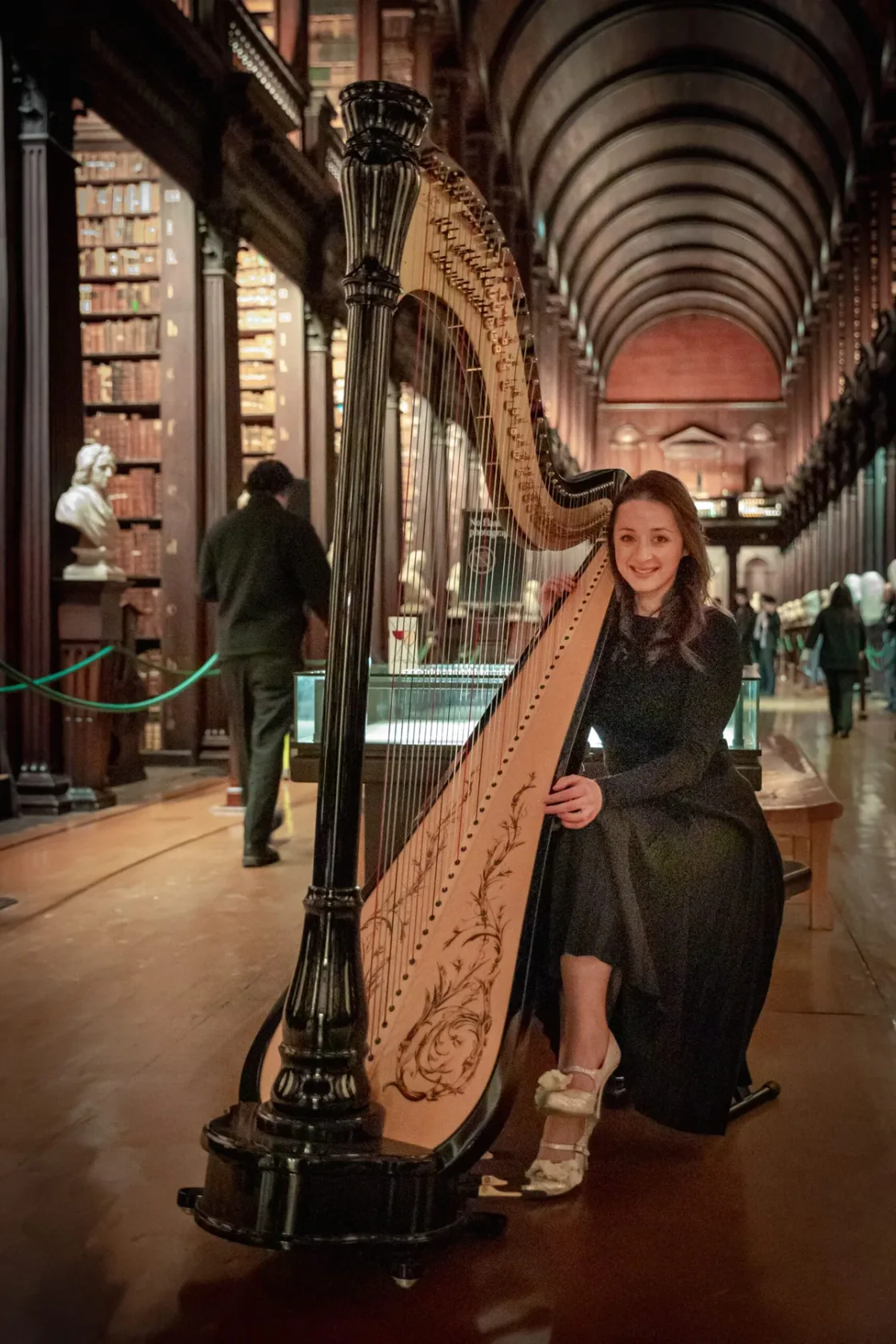 A harpist performing between bookshelves in a vaulted library.