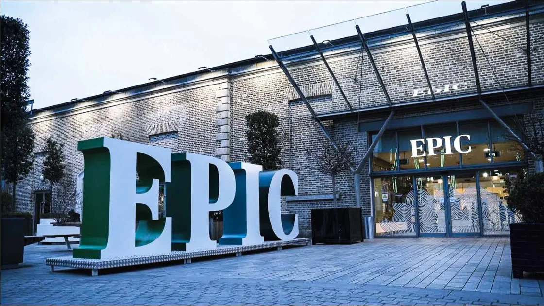 The EPIC museum entrance with large white letters outside the glass facade.