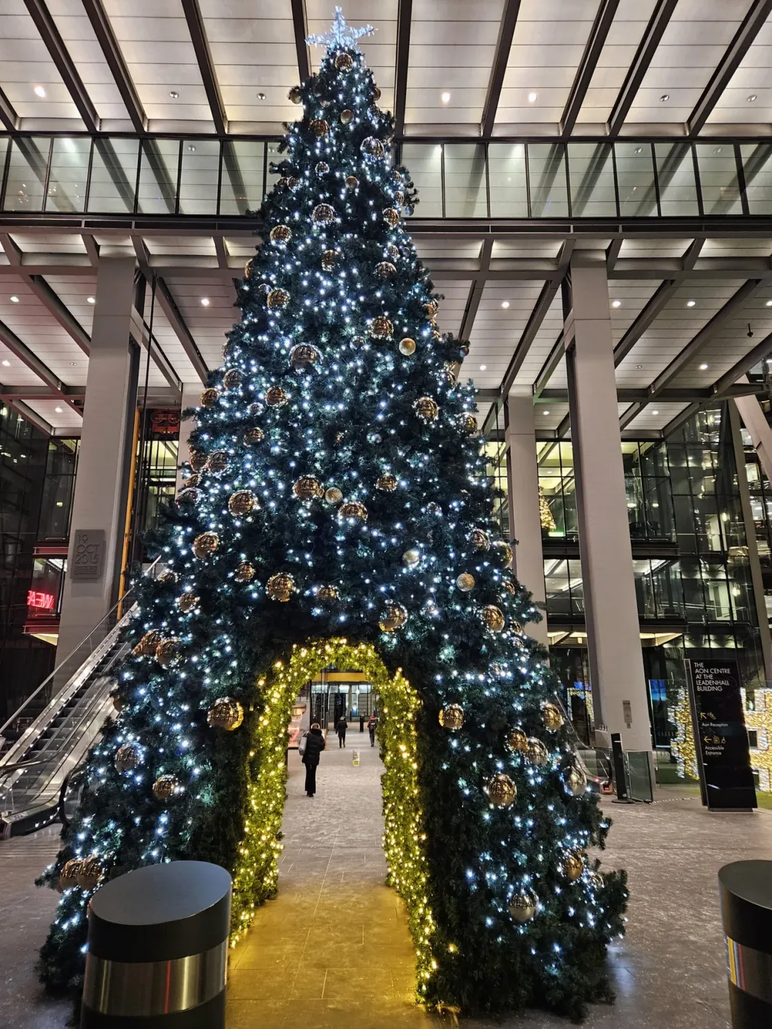 A tall decorated Christmas tree beneath a glass roof.